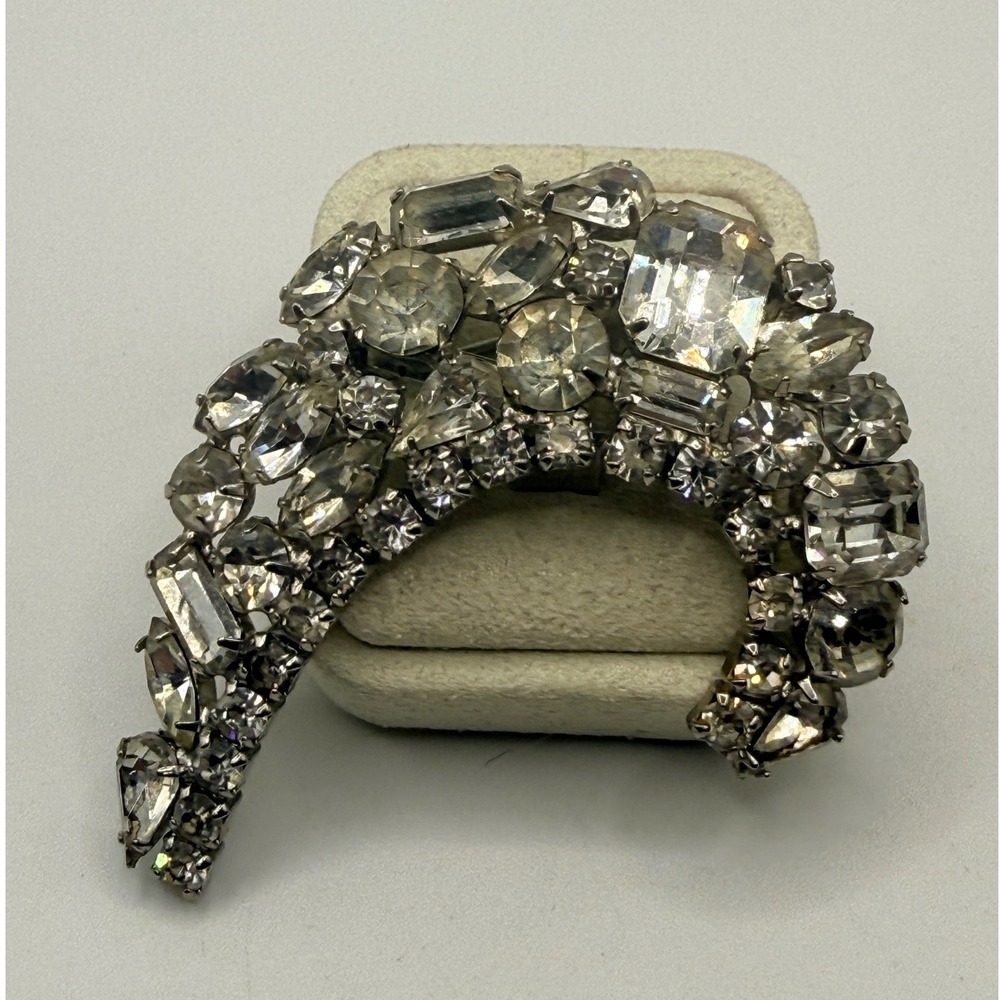 Vintage Silver Tone Clear Rhinestone Crescent Brooch Mixed Cut Mid Century Pin